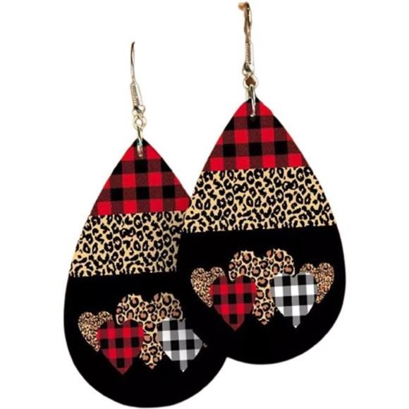 Heart Earrings Leopard Buffalo Plaid Dangle Drop Dangling Valentines Jewelry - Picture 1 of 4